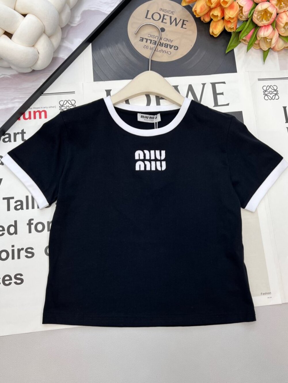Miu Miu Ringer Short‑Sleeve T‑Shirt Chest Logo Cropped Tee